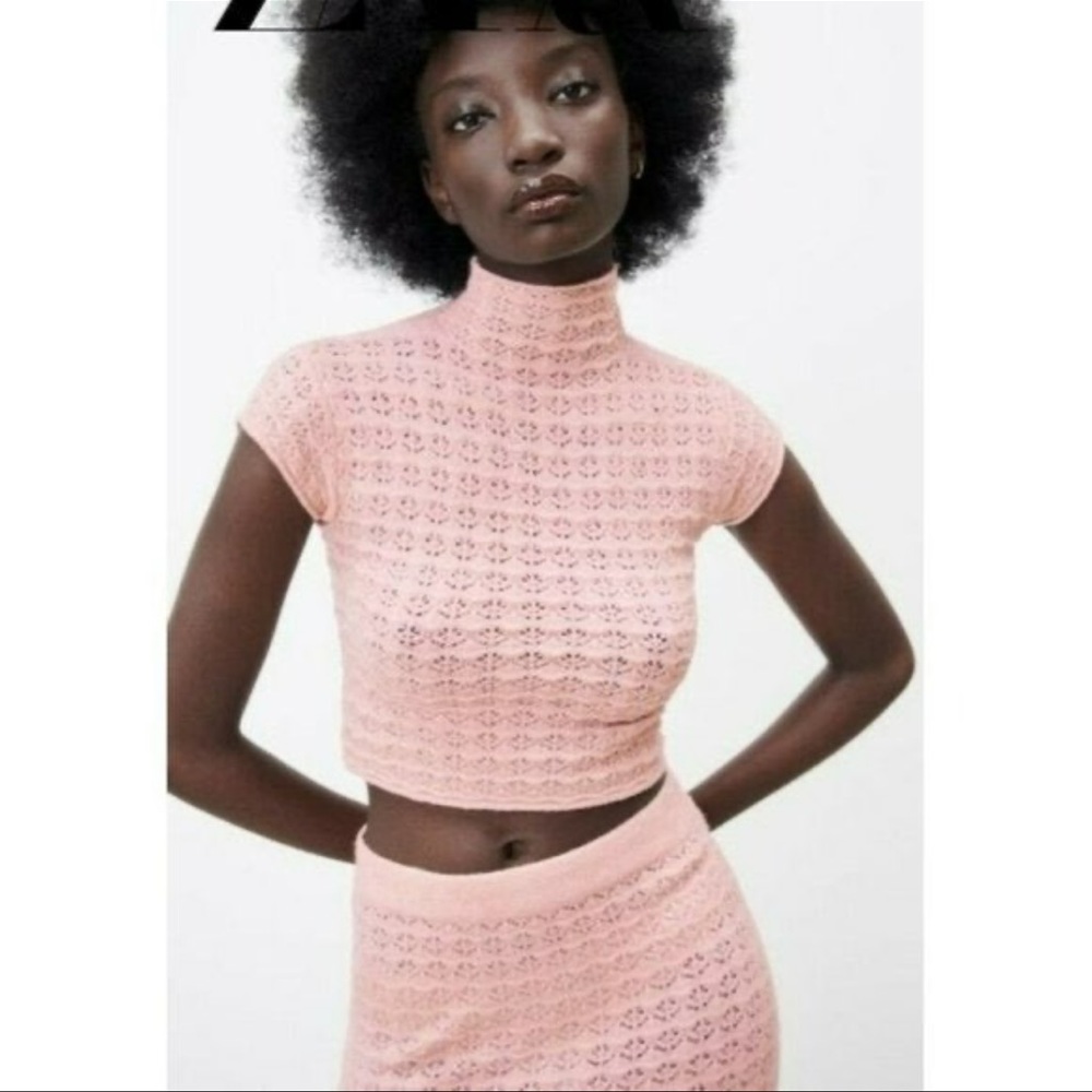 Set ZARA NEW WOMAN POINTELLE-KNIT TOP and skirt PALE PINK S